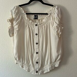 Hell Bunny Women’s Bardot Vintage Inspired Ruffle Off Shoulder Smocked Blouse